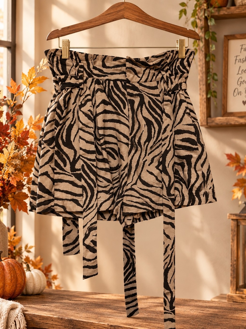 Zebra Print Paperbag Waist Women’s Shorts - Black & Cream